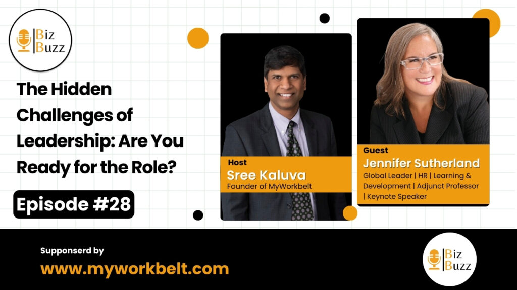 Sree and Jennifer Sutherland discussing leadership promotions and career growth on Biz Buzz podcast