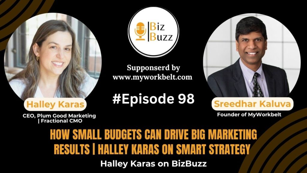Halley Karas and Sree Kaluva discussing small budget marketing strategy on BizBuzz podcast sponsored by MyWorkBelt