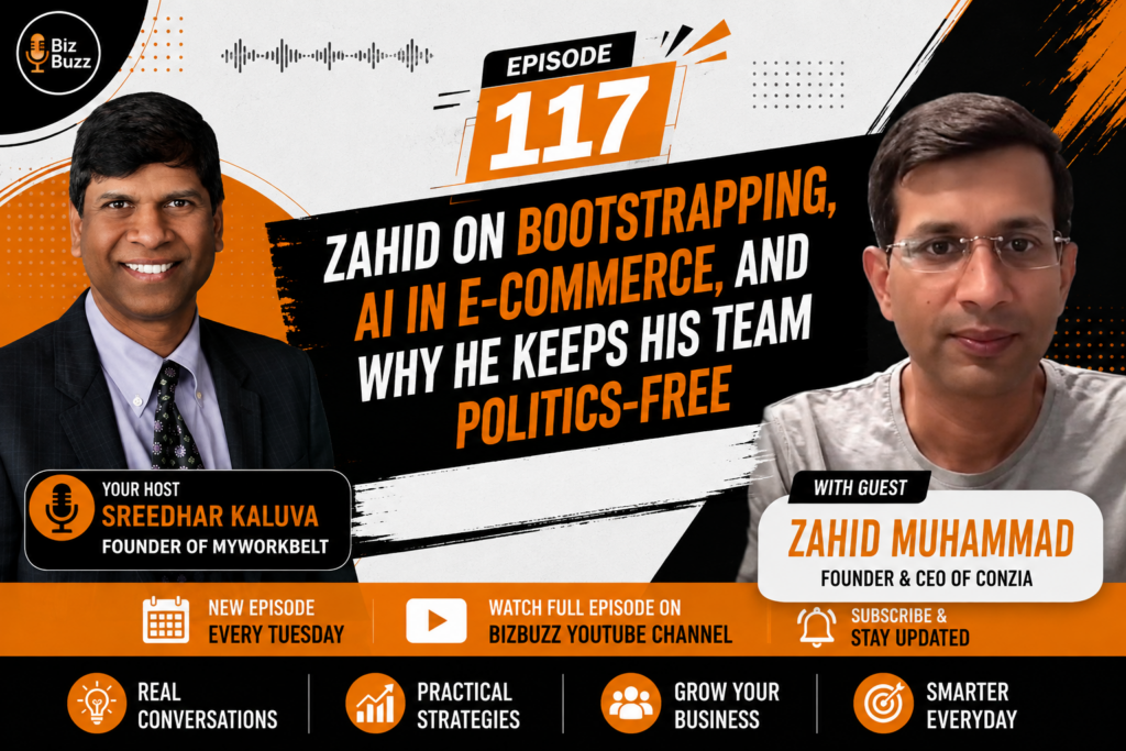 Sreedhar Kaluva and Zahid Muhammad discussing on Bootstrapping, AI in E-Commerce, and Why He Keeps His Team Politics-Free on the BizBuzz podcast