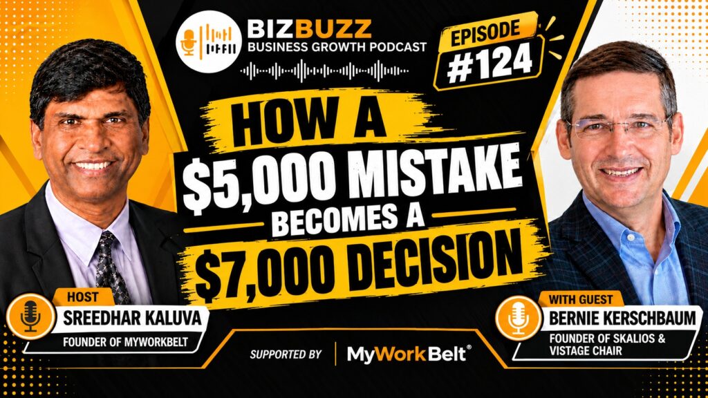 Sreedhar Kaluva and Bernie Kerschbaum discussing How a $5,000 Mistake Becomes a $7,000 Decision on the BizBuzz podcast